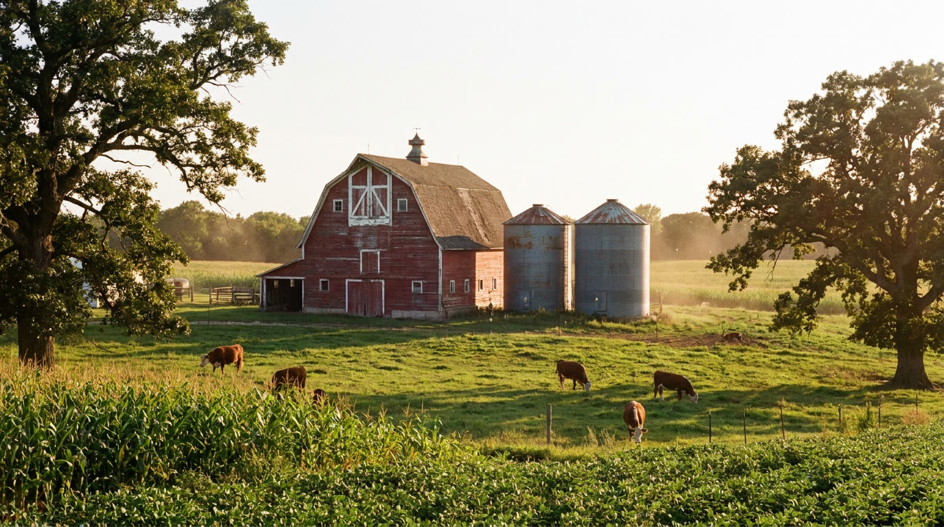 A weathered red American barn with two silver grain silos on a working family farm at golden hour, surrounded by lush green pastures and oak trees, classic rural Americana
