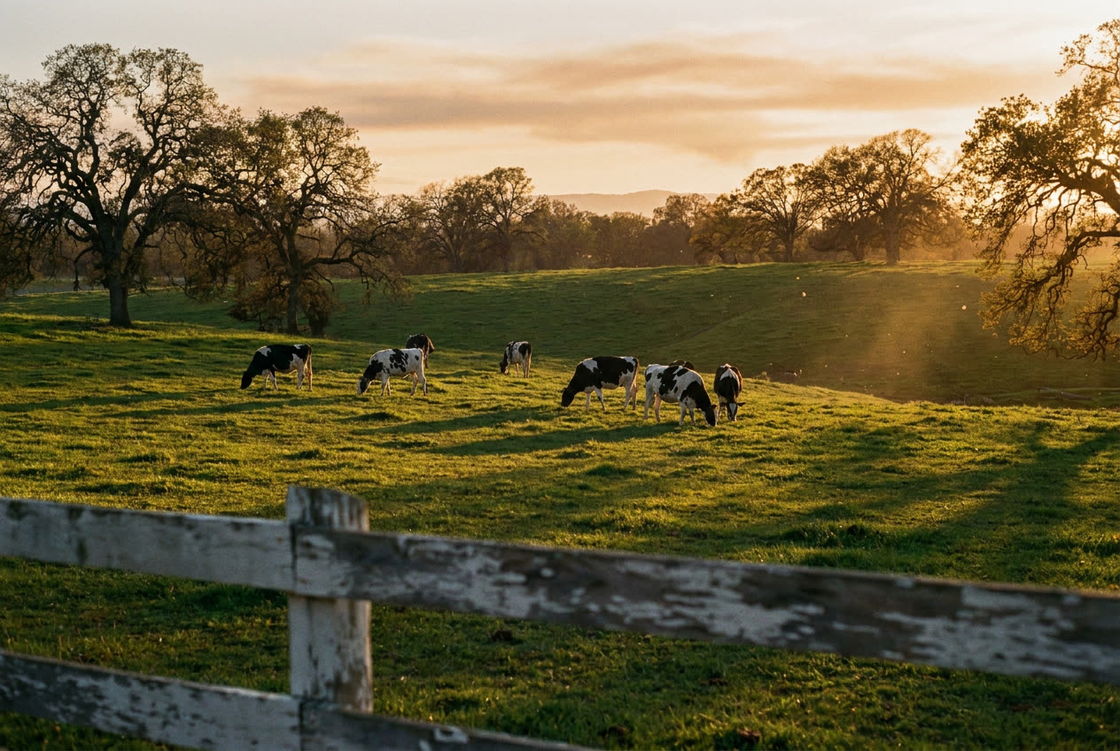 A small herd of healthy black-and-white Holstein cattle grazing peacefully on rolling green pasture at golden hour, with a weathered wooden fence in the foreground